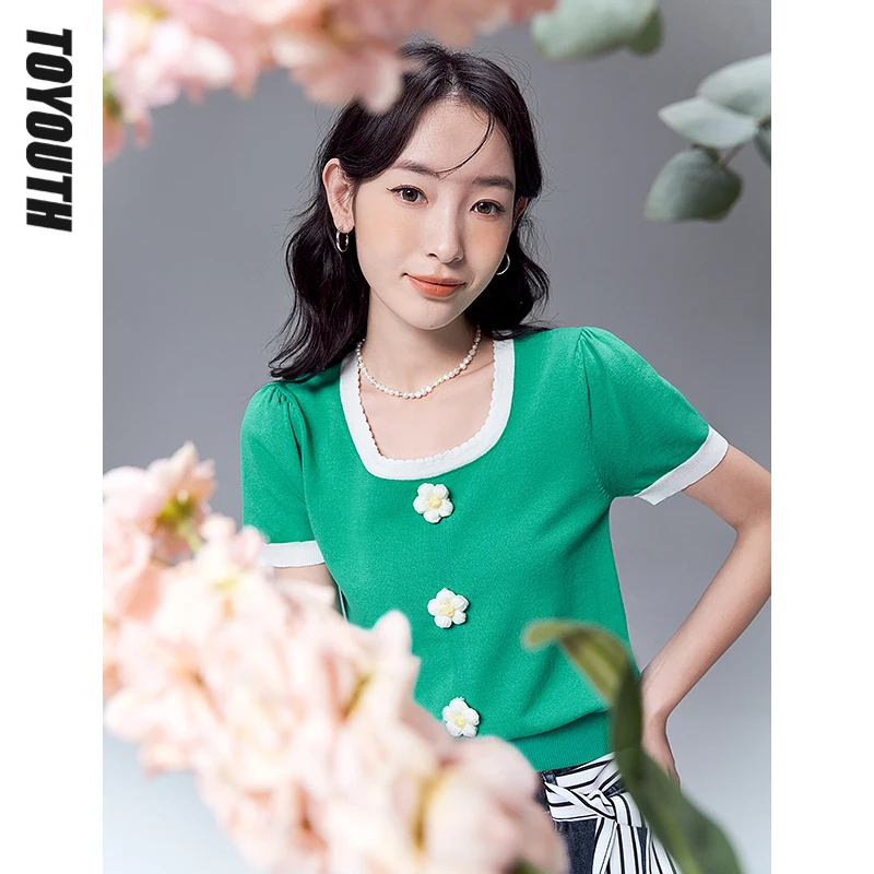 Toyouth Knit Tops 2022 Summer Short Sleeve Square Neck Loose T-shirts 3D Flowers Dec Chill Green Simple Elegant Tops
Toyouth Knit Tops 2022 Summer Short Sleeve Square Neck Loose T-shirts 3D Flowers Dec Chill Green Simple Elegant Tops