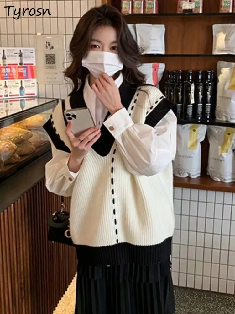 

Sweater Vests Women Panelled Design Loose All-match Ulzzang Fashion Creativity Daily Autumn Knitwear Preppy Style Ladies Leisure