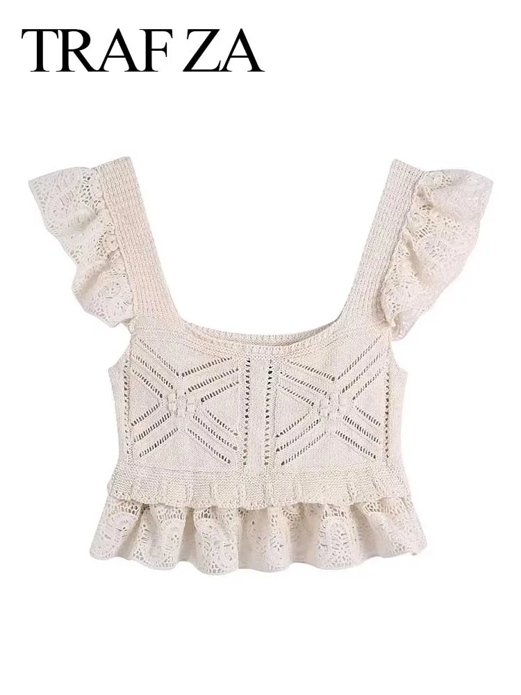 TRAF ZA Comfortable Skin-Friendly Ruffle Hem Cropped Women's Top Solid Color Knitted Lace Hollow Lady Sweater Vest Sling New
TRAF ZA Comfortable Skin-Friendly Ruffle Hem Cropped Women's Top Solid Color Knitted Lace Hollow Lady Sweater Vest Sling New