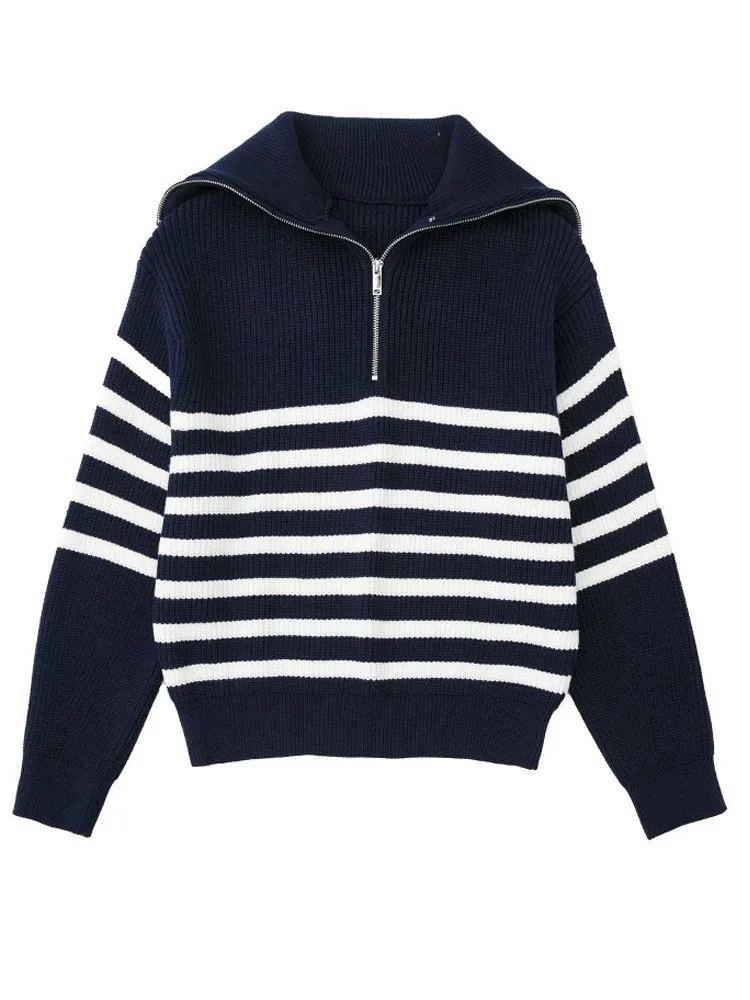 2022 Autumn Winter Women Knitting Sweaters Casual Striped Zipper Turn-down Collar Female Street Pullover Sweater Clothes
2022 Autumn Winter Women Knitting Sweaters Casual Striped Zipper Turn-down Collar Female Street Pullover Sweater Clothes