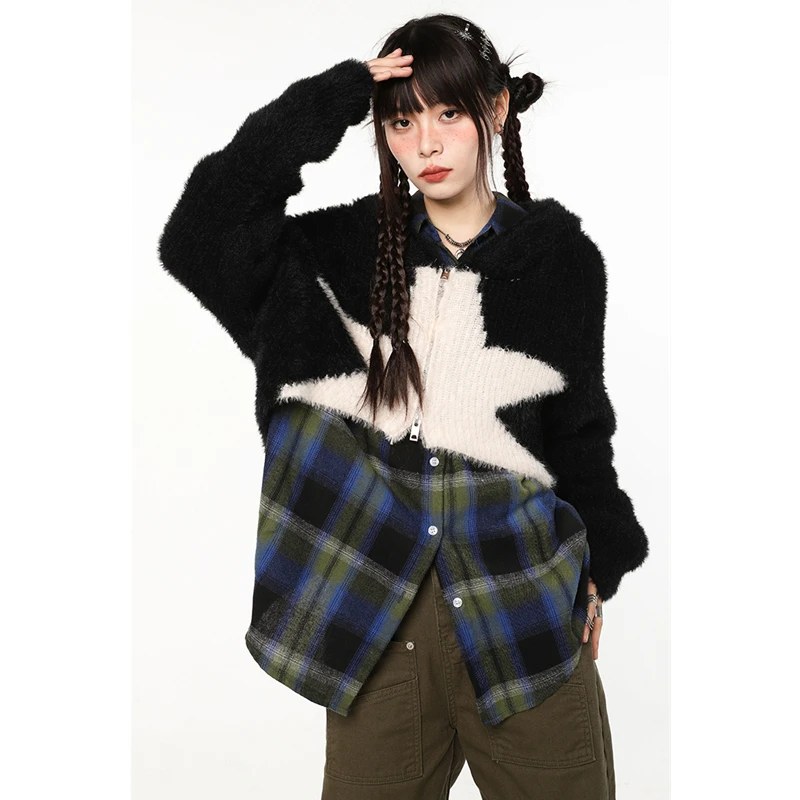 Personality Winter Fashion Leisure Lazy Wind Irregular Knitted Warm Coat Women's Black Hooded Cardigan Sweater Star Splice Coat 
Personality Winter Fashion Leisure Lazy Wind Irregular Knitted Warm Coat Women's Black Hooded Cardigan Sweater Star Splice Coat