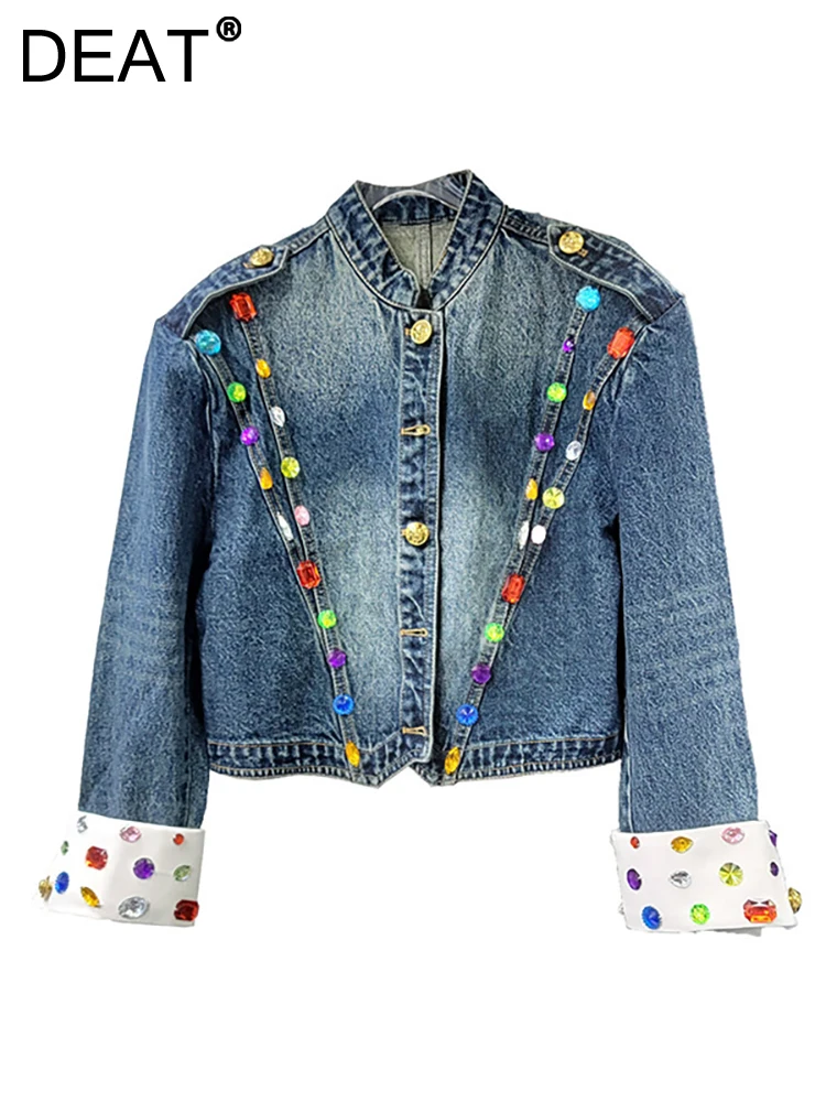 

DEAT Women's Denim Coat Epaulet Panelled Curled Cuffs Single Breasted Colorful Diamonds Jackets 2023 Autumn New Fashion 29L2147