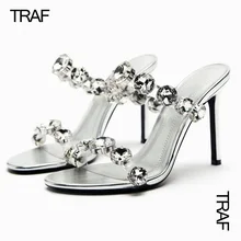 TRAF Rhinestone Heeled Sandals Womens Mules Sandals Summer 2023 Luxury Designer Stiletto Transparent High-heeled Sandals Ladies