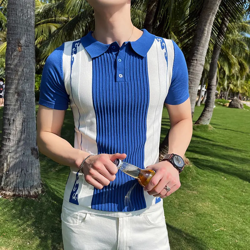 2022 Summer Men's Knitted Casual POLO Shirts Short Sleeved Striped Slim Lapel Ice Silk POLO Shirt Business Social Men Clothes
2022 Summer Men's Knitted Casual POLO Shirts Short Sleeved Striped Slim Lapel Ice Silk POLO Shirt Business Social Men Clothes