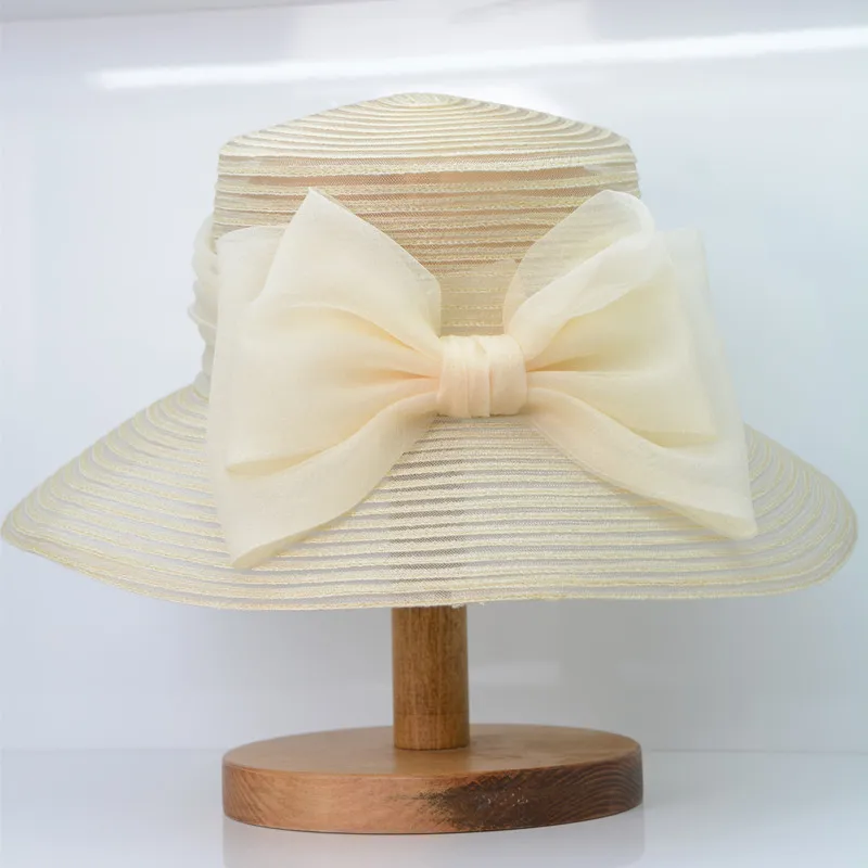 

202207-HQ-pp grass dropshipping summer Organza bowknot Sheer yarn wide brim lady sun cap women leisure holiday beach hat
