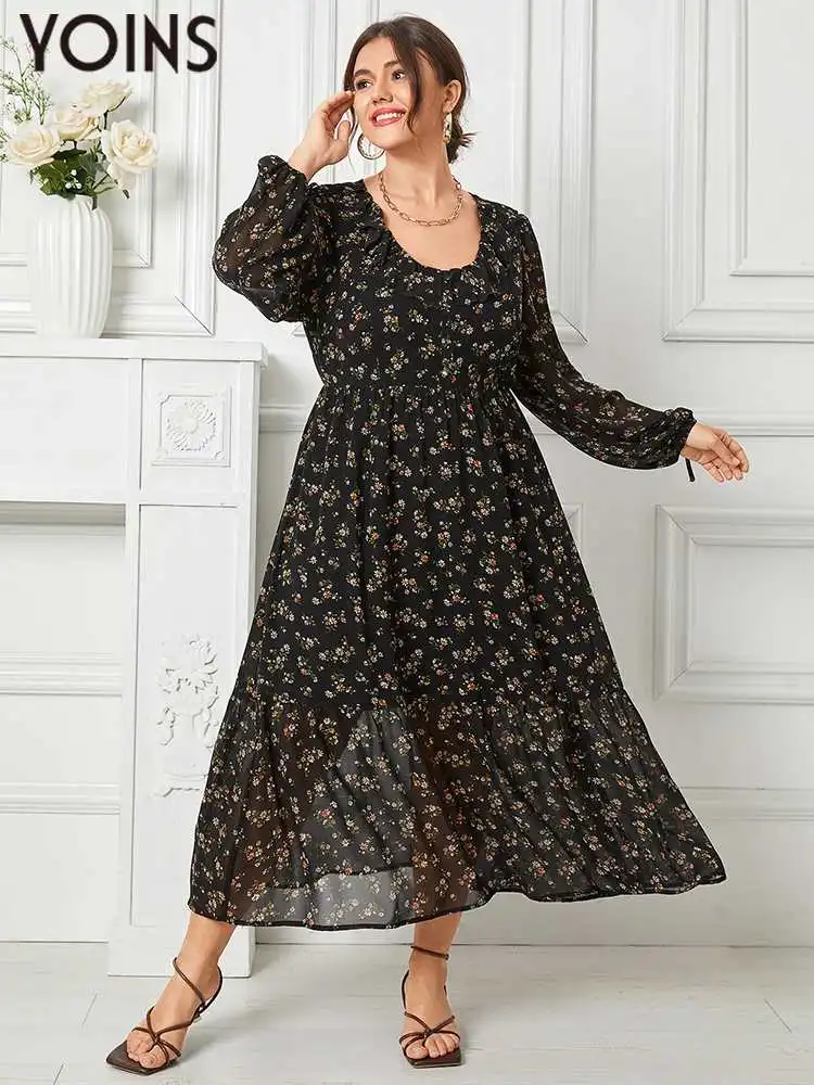 

YOINS 2023 Plus Size Women Dress Ruffle Trim Floral Print Long Sleeve Vestidos Party Autumn Dresses Button Elegant Sundress
