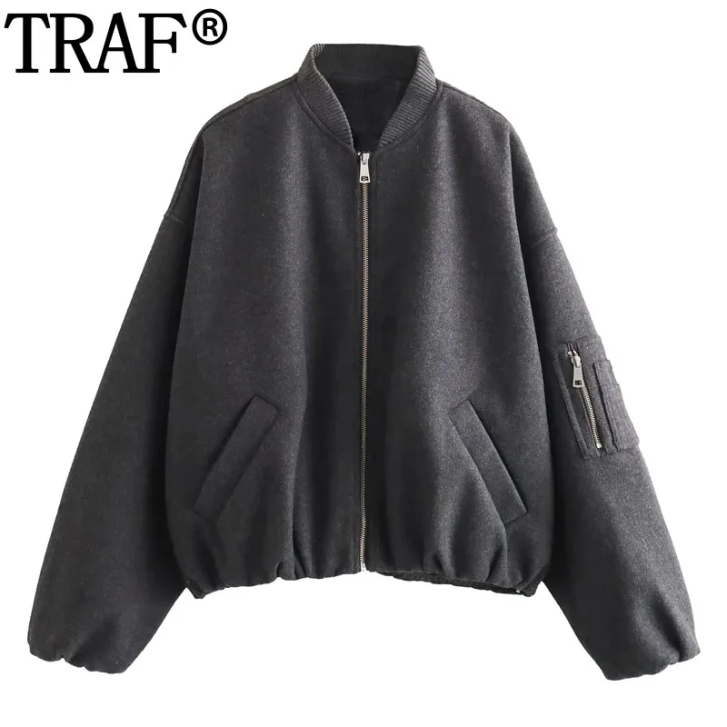 

TRAF Grey Bomber Jackets For Women Zip Up Cropped Jacket Woman Y2K Autumn New In Coats Streetwear Long Sleeve Aviator Jackets