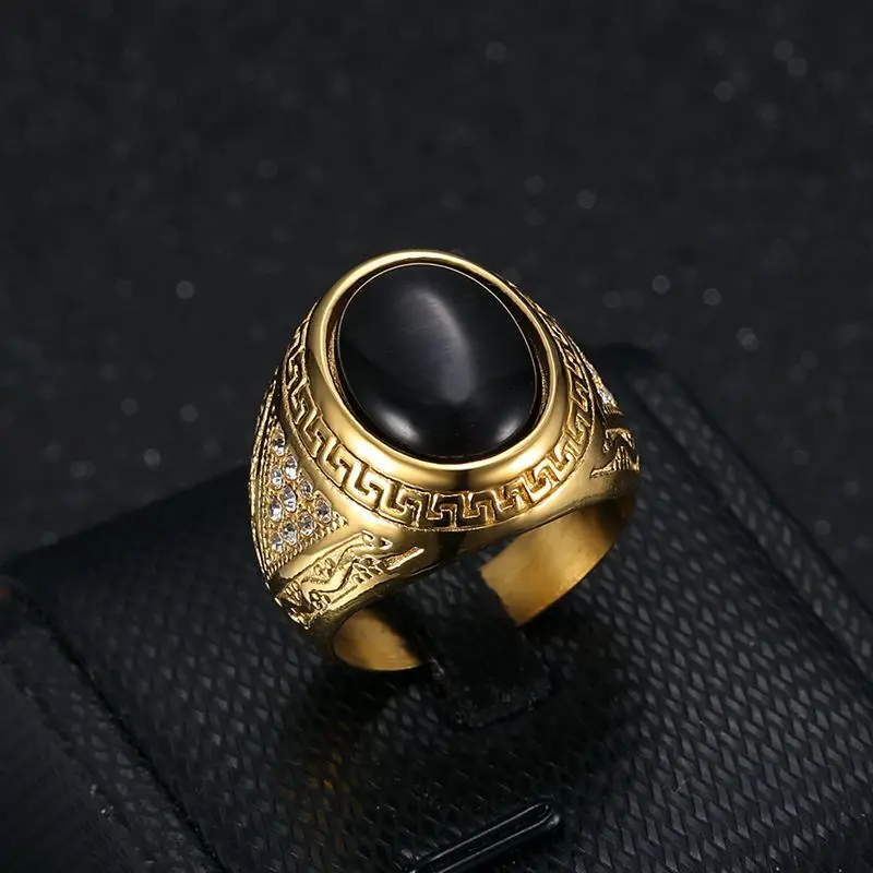 

Vintage Oval Cat's Eye Opal Ring Black Green Gemstone Ring Men Women Fashion Punk Stainless Steel Engraved Pattern Ring Jewelry