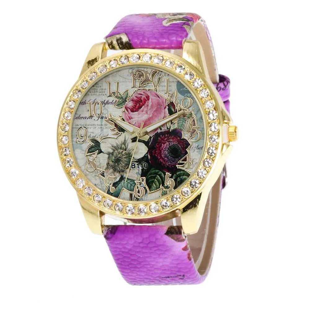 

Fashion Luxury Women Rhinestone Inlaid Rose Flower Pattern Round Dial Faux Leather Band Analog Quartz Wrist Montre Watch