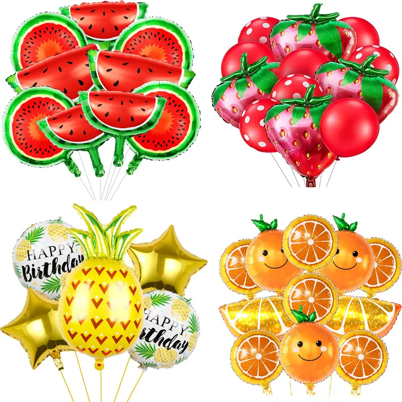 

Summer Cool Fruit Balloons Set Strawberry Orange Watermelon Pineapple Ballons Happy Hawaiian Party Decoration Balons