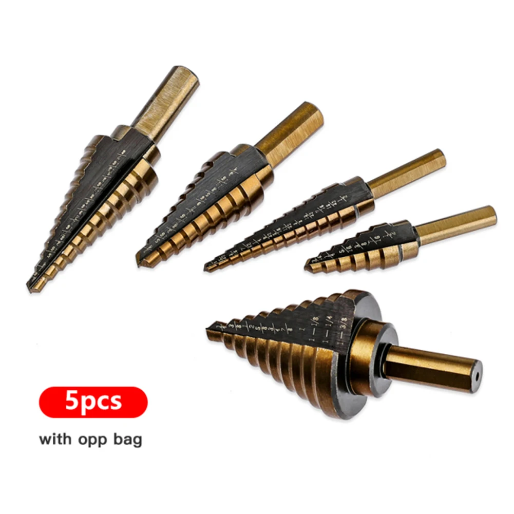 5 PCS HSS Cobalt Step Drill Bit Set 1/8"~1-3/8" Cobalt Coated High Speed Steel Spiral For Metal Cone Triangle Hole Metal Drill
5 PCS HSS Cobalt Step Drill Bit Set 1/8"~1-3/8" Cobalt Coated High Speed Steel Spiral For Metal Cone Triangle Hole Metal Drill