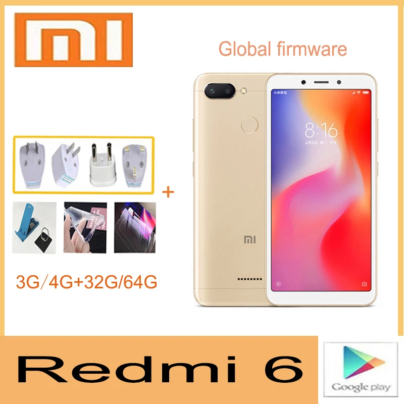 Оптовая продажа оригинальный Смартфон Xiaomi android celular Redmi6 4 ГБ 64 телефон Googleplay