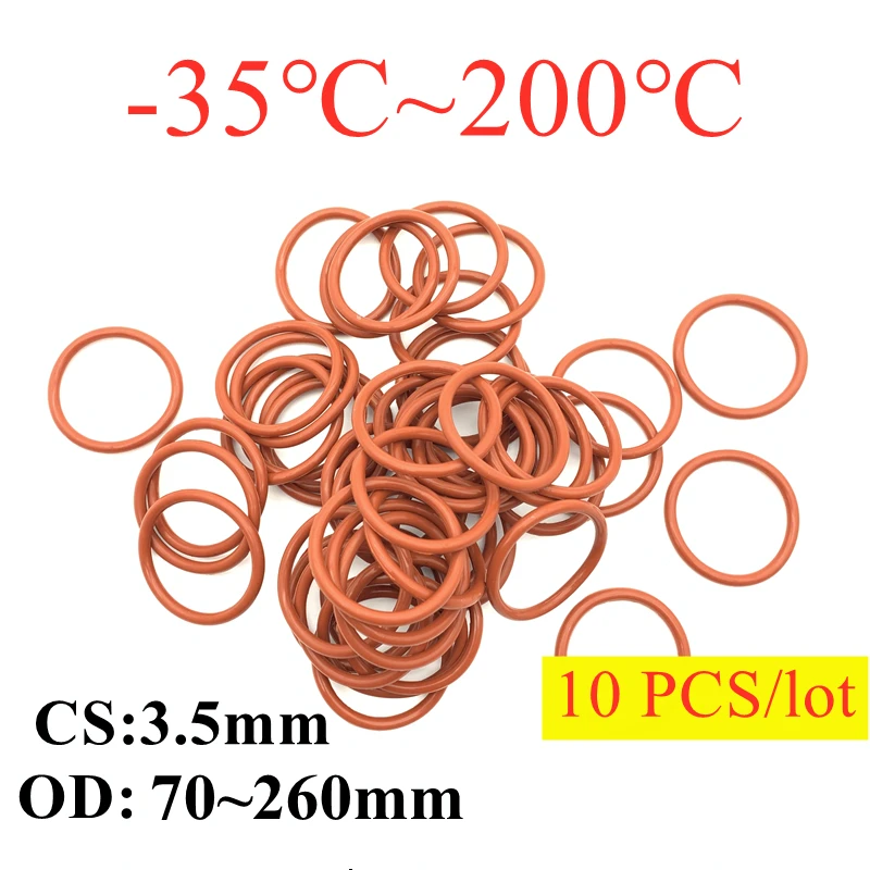 

10pcs VMQ O Ring Seal Gasket Thickness CS 3.5mm OD 70~260mm Silicone Rubber Insulated Waterproof Washer Round Shape Nontoxic Red