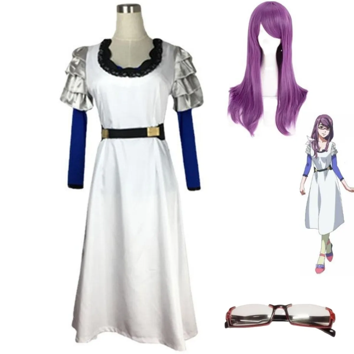 

Anime Tokyo Ghoul Kamishiro Rize Cosplay Costume Purple Wig Long Sleeved Dress Glasses Accessories Woman Sexy Carnival Suit