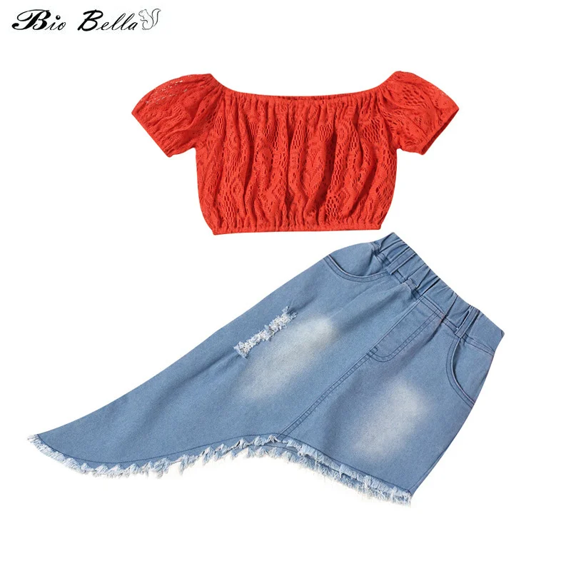 

2-7Y Summer Kids Girls 2pcs Clothes Sets Red Color Lace Off-Shoulder Ruched Tops + Random Skirts Fashion Girl Set