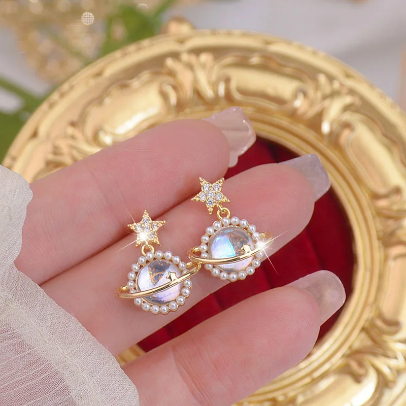

Korean Star Zircon Planet Universe Women's Earrings Luxury 14k Gold Plated Exquisite Charm Trendy Delicate Ear Stud Wedding Gift