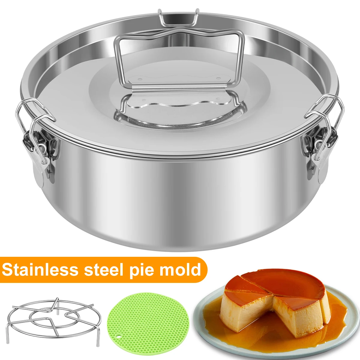 Flan Mold Set with Steamer Rack and Silicone Mat 304 Stainless Steel Flan Pan Mold with Lid 1.5QT Capacity Flan Baking Mold 
Flan Mold Set with Steamer Rack and Silicone Mat 304 Stainless Steel Flan Pan Mold with Lid 1.5QT Capacity Flan Baking Mold