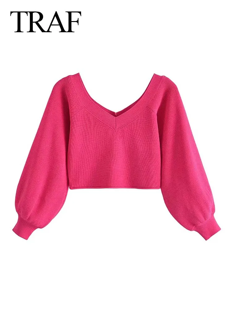TRAF ZA V-neck Short Sweater Rose Red Puff Sleeves Soft Loose All-match Fashion Retro Long-sleeved Open Back Sexy Women's Top
TRAF ZA V-neck Short Sweater Rose Red Puff Sleeves Soft Loose All-match Fashion Retro Long-sleeved Open Back Sexy Women's Top