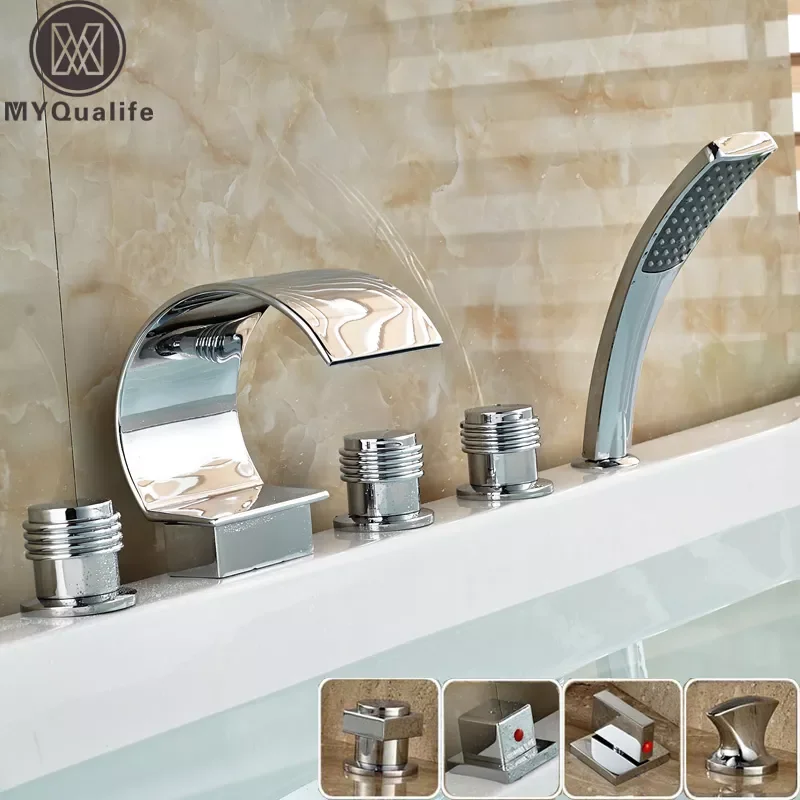 

Bright Chrome Bathroom Waterfall Tub Mixer Faucet Set Deck Mounted with Handshower 3 Handles Widespread Bathtub Taps