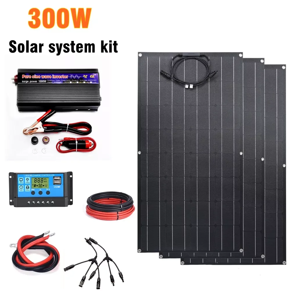 300W Solar Panel Kit for Home Outdoor Camping 100W ETFE Flexible Panel Solar Charger for 12V Battery Off Grid Solar System
300W Solar Panel Kit for Home Outdoor Camping 100W ETFE Flexible Panel Solar Charger for 12V Battery Off Grid Solar System