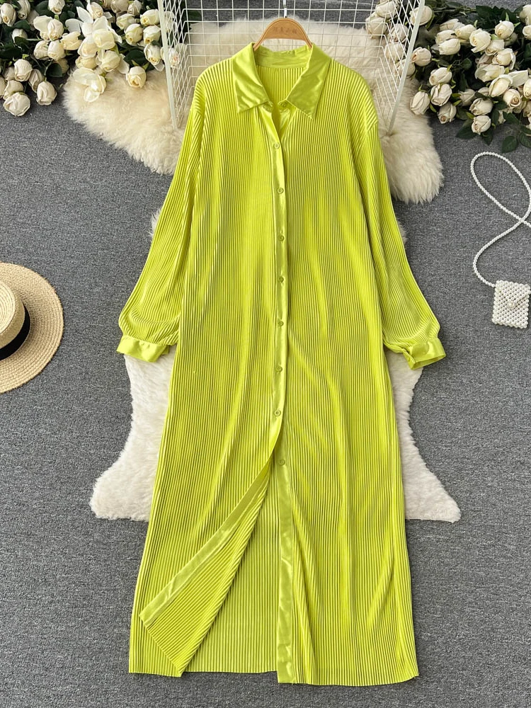 

Женское Плиссированное Платье-рубашка, винтажные однобортные повседневные свободные платья с длинным рукавом, отложным воротником, Элегантное Длинное Платье для весны и осени