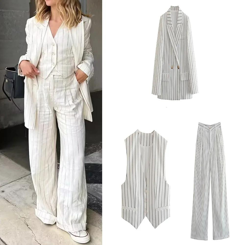 

PB&ZA Spring/Summer New Women's Fashion Commuter Three Piece Striped Blazer + Striped Vest + Loose Trousers