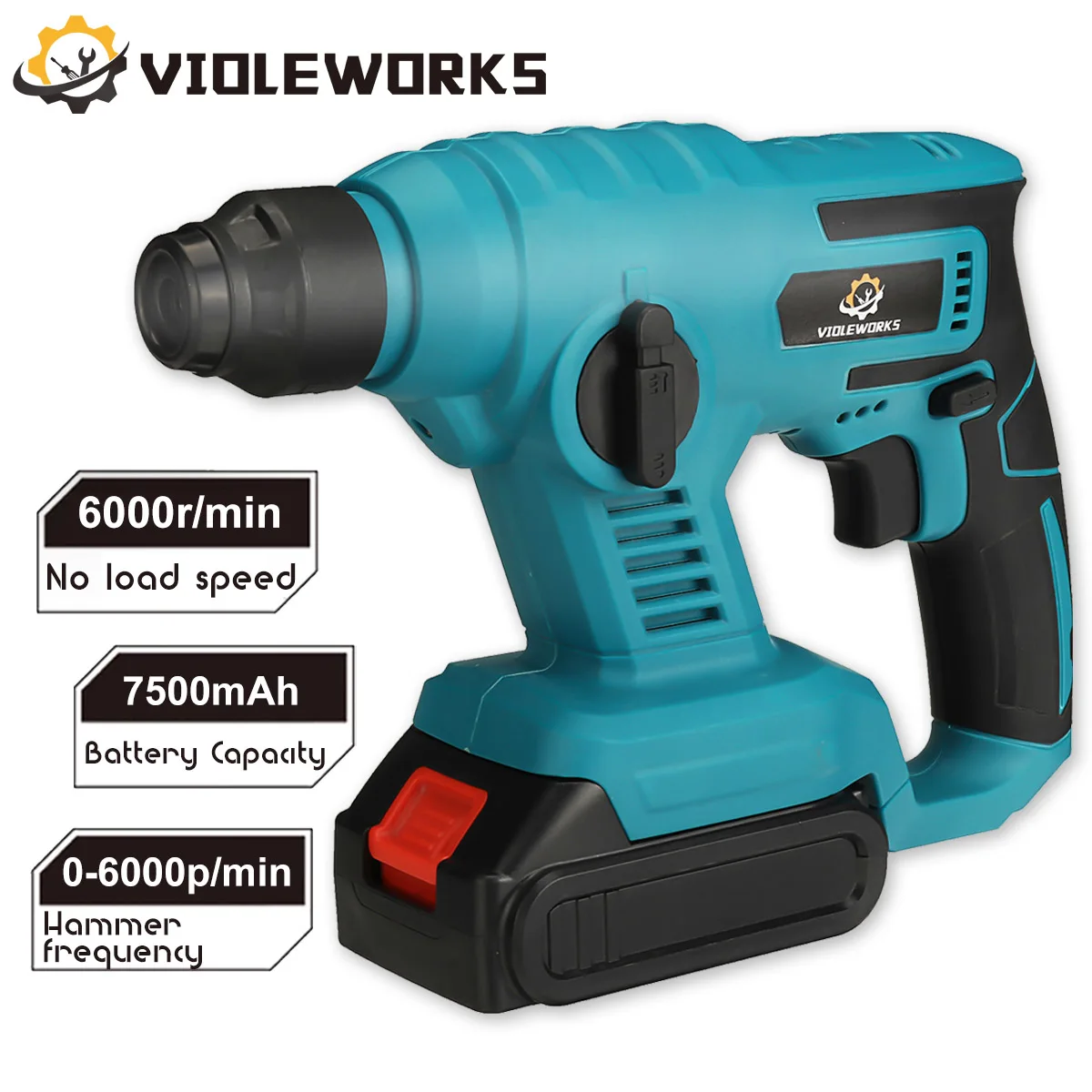

VIOLEWORKS Electric Rotary Hammer 21V 7500mAh Cordless Multifunction Hammer Impact Drill Power Tool For Makita Battery With LED