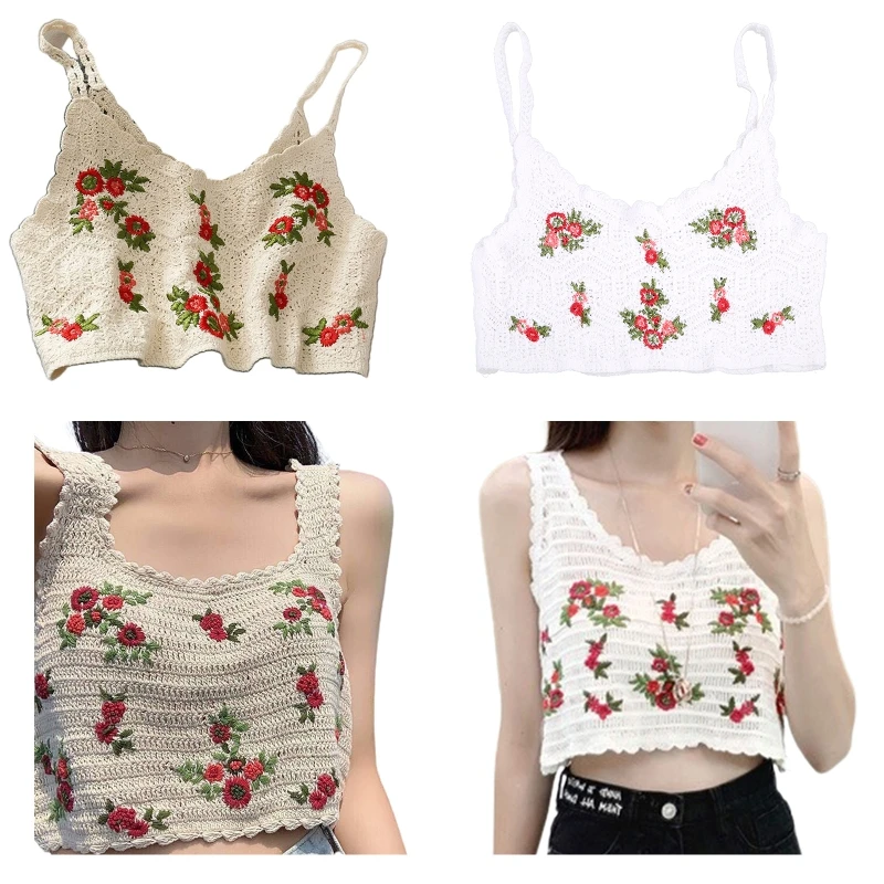 

50JB Women Summer Hollow Crochet Knit Camisole Vest Bohemian Floral Leaves Embroidery Sleeveless Short Crop Top Bralette Strappy