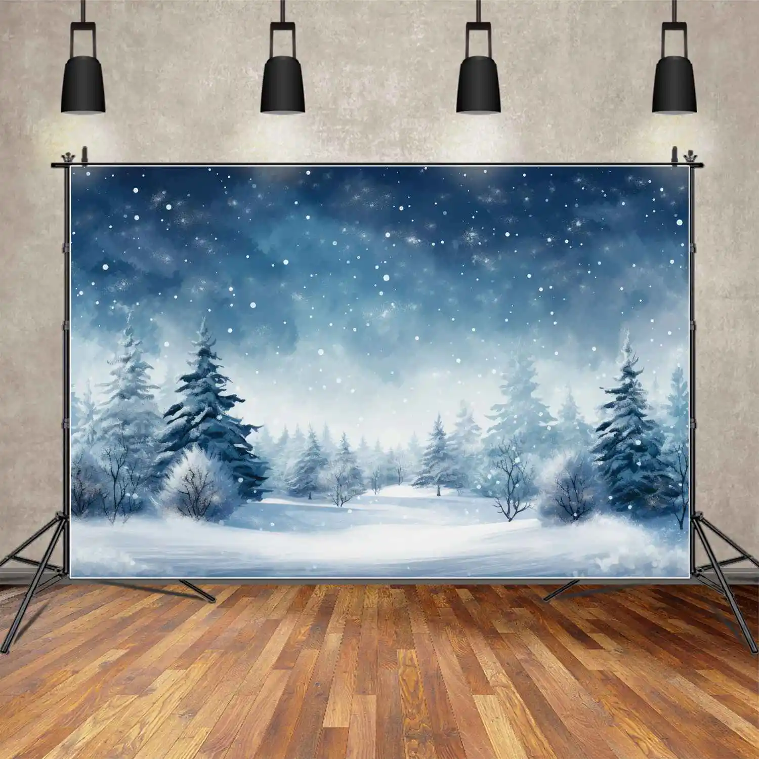 

MOON.QG Backdrop Snow Snowflake Winter Blue Sky Forest Tree Photo Booth Background Customized Children Holiday Party Decorations
