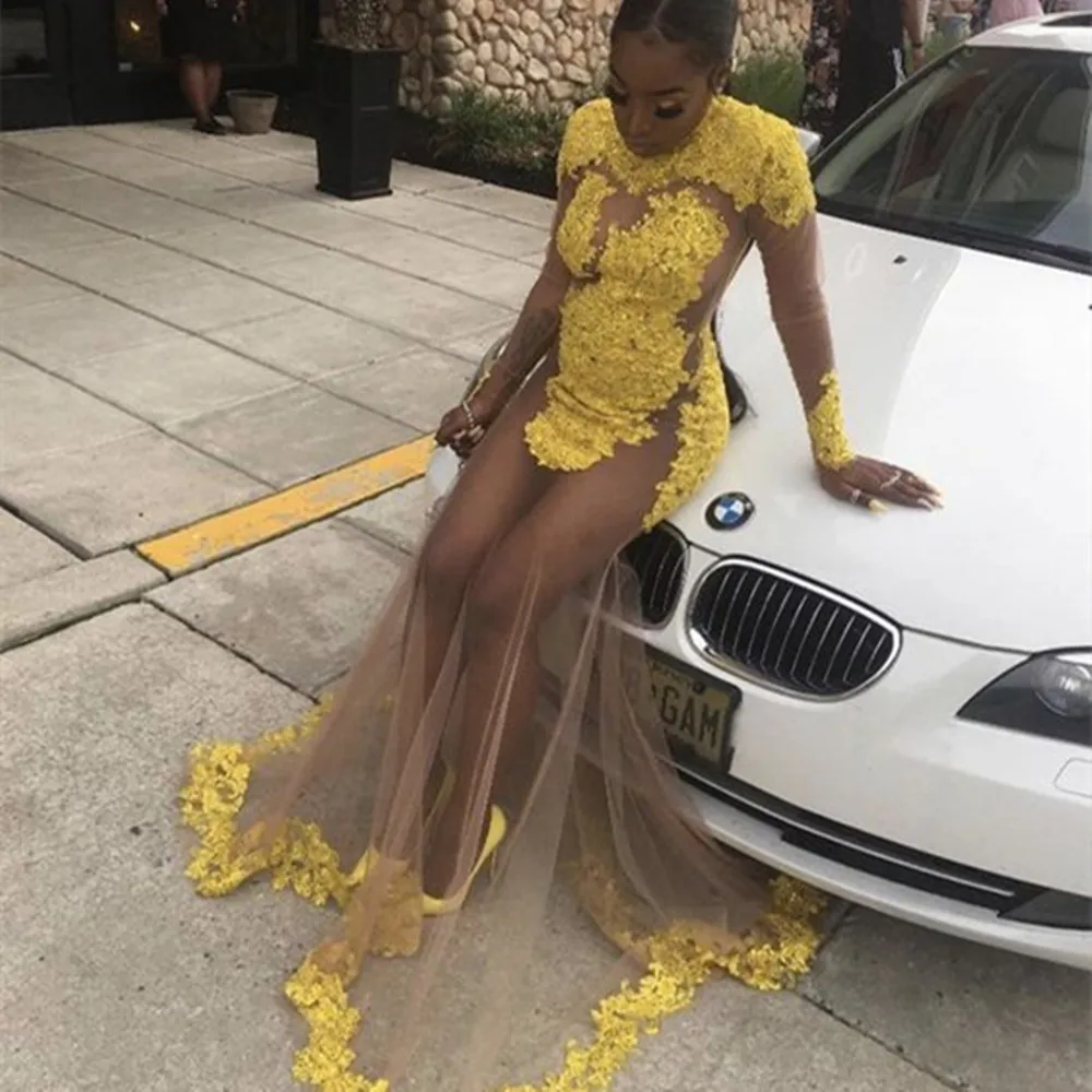 Sexy Sheer Yellow Prom Dresses Lace Applique Long Sleeves Backless 2023 Black Girls Formal Evening Gowns Vestido De Noche
Sexy Sheer Yellow Prom Dresses Lace Applique Long Sleeves Backless 2023 Black Girls Formal Evening Gowns Vestido De Noche