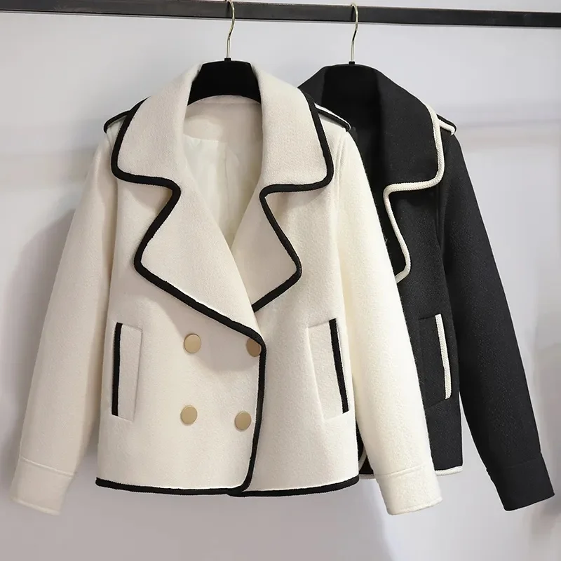 

Женское шерстяное пальто, однотонное короткое свободное двубортное пальто, верхняя одежда, E282, Осень-зима 2023
