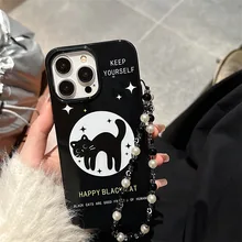 Cute Cartoon Cat Star Jelly Black Phone Case For iPhone 15 14 13 12 11 Pro Max mini 8 Plus XS 15PRO Smile Face Chain Back Cover