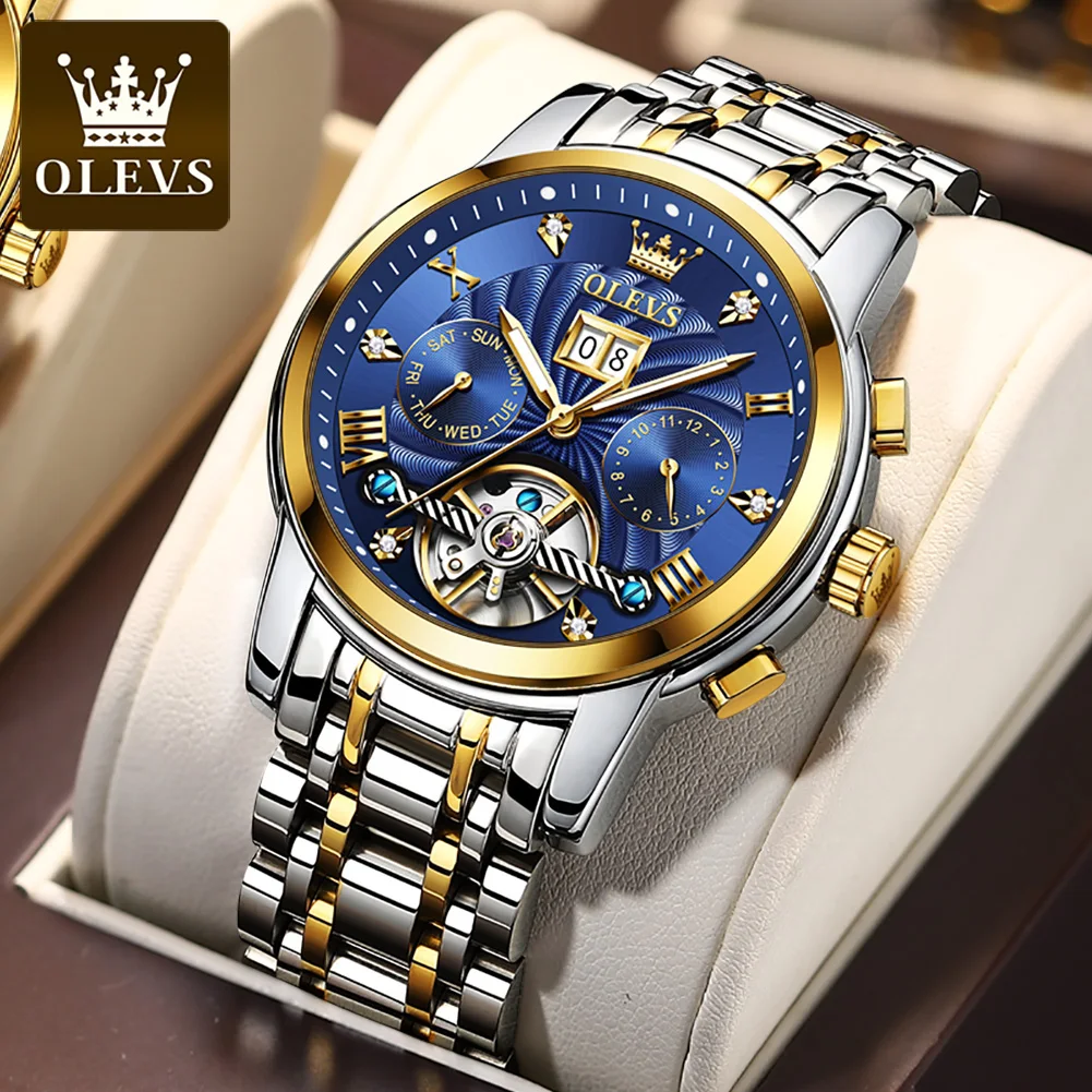 

OLEVS Automatic Watch For Men Mechanical Multifunctional Wristwatch Tourbillon Skeleton Calendar Male Watches Relogios Masculino