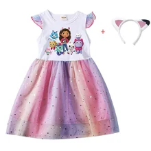 Cartoon Gabby Cats Baby Girl Dresses Kids Gabbys Doll House Clothes Cosplay Costume Children Fly Sleeve Casual Dress + Headband