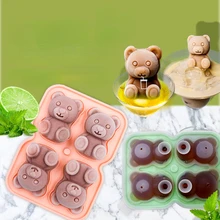 4 Grid Bear Ice Cube Mold Silicone Ice Tray Popsicle Ice Cream Frozen Ice Ball Ice Box Ice Mold Kitchen Accessories