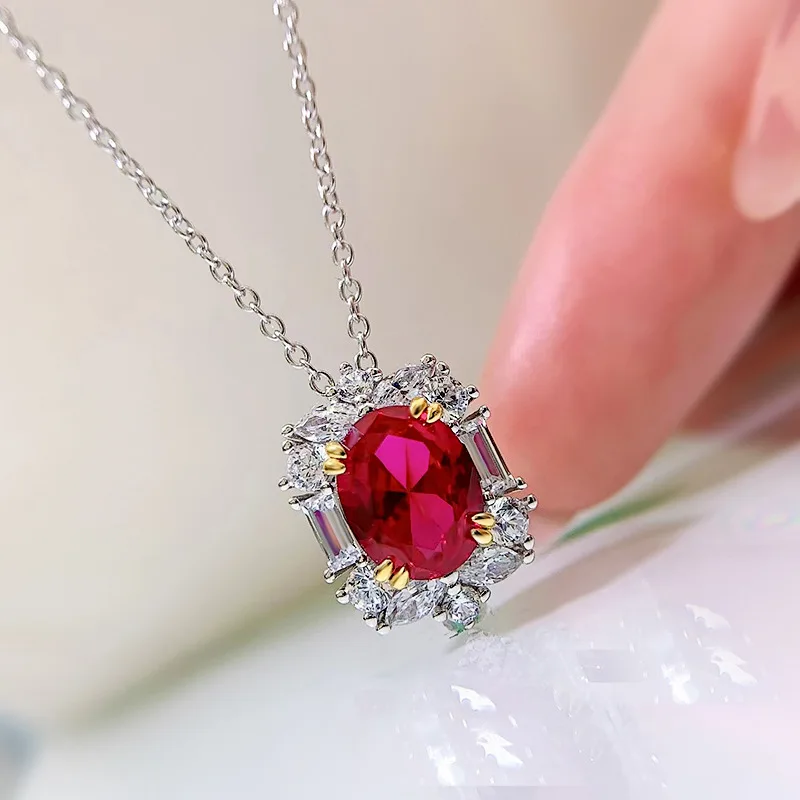 

2 Carat Ruby Female Pigeon Blood Red 925 Sterling Silver High Carbon Diamond Pendant in European and American Ins Style