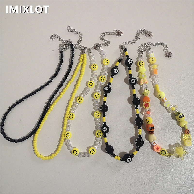 

2022 Kpop Goth Yellow Black Acrylic Heart Star Flower Butterfly Smiley EMO Beaded Choker Necklace for Women Y2k Harajuku Jewelry