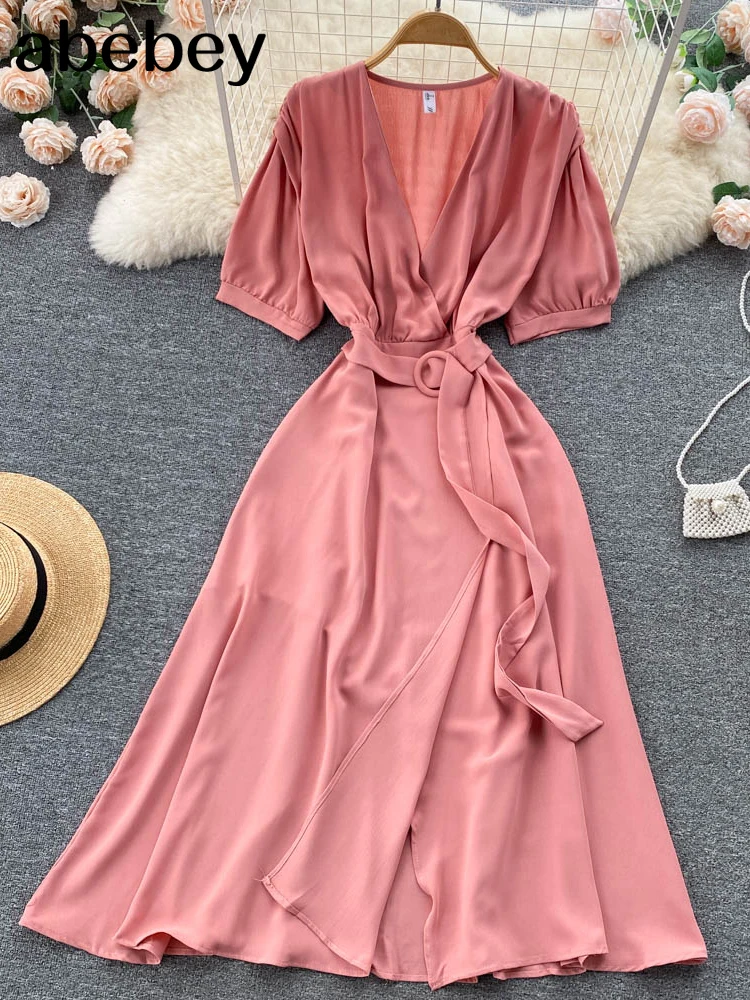 Womens Sash Summer Fashion Midi Dress Short Sleeve V-Neck Ladies Solid Split Vestidos For Femela Boho Beach Holiday Dress 
Womens Sash Summer Fashion Midi Dress Short Sleeve V-Neck Ladies Solid Split Vestidos For Femela Boho Beach Holiday Dress