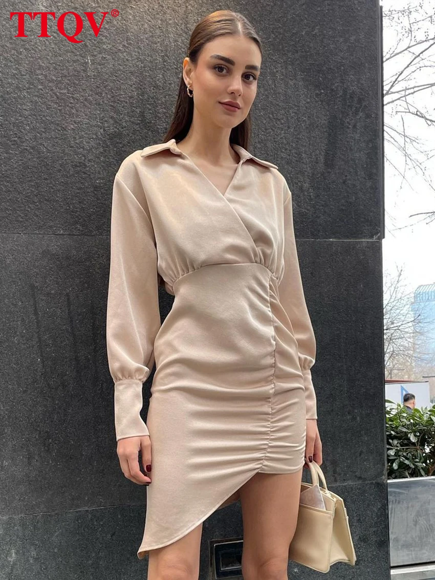 TTQV Elegant Lapel Apricot Women's Dresses 2023 Autumn Winter Long Sleeve Solid Dresses Fashion Ruched Mini Dress Female Clothes
TTQV Elegant Lapel Apricot Women's Dresses 2023 Autumn Winter Long Sleeve Solid Dresses Fashion Ruched Mini Dress Female Clothes