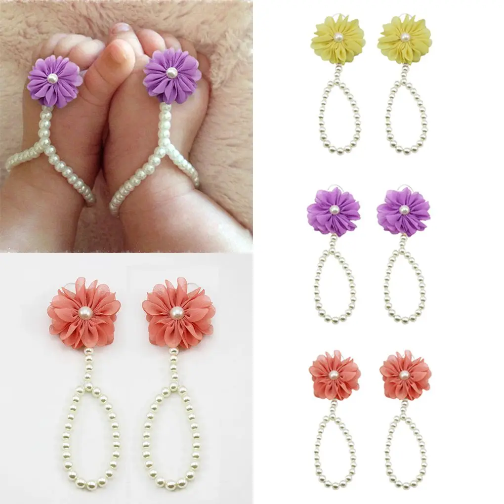 

Newborn Baby Girls Flower Pearl Foot Band Toe Rings Barefoot Floral Wedding Child Sandals Anklet Chain Crib Beach Baby Shoes