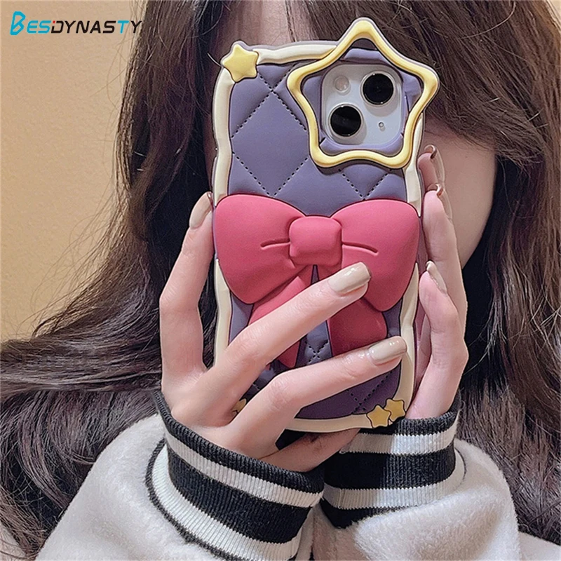 

BESD Japan Cute 3D Bowknot Diamond Lattice Phone Case For IPhone 14 Plus Pro Max Lovely Star Lens Protective Soft Silicone Cover