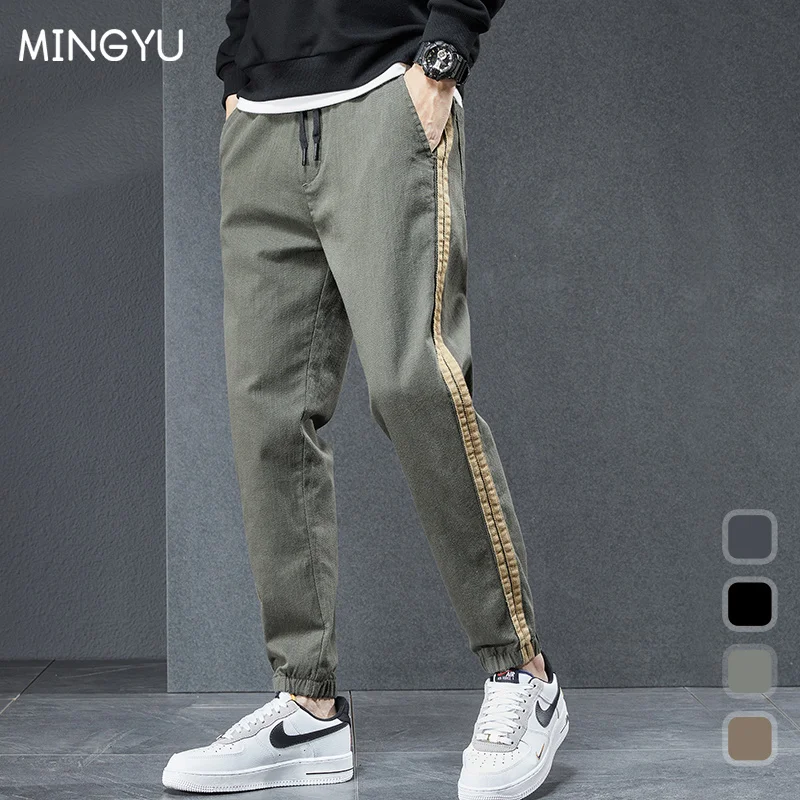 

2022 New Men's Stripe Appliques Cargo Pants Men Cotton Casual Jogger Trousers Hip Hop Korean Khaki ArmyGreen Sweatpants Male 38