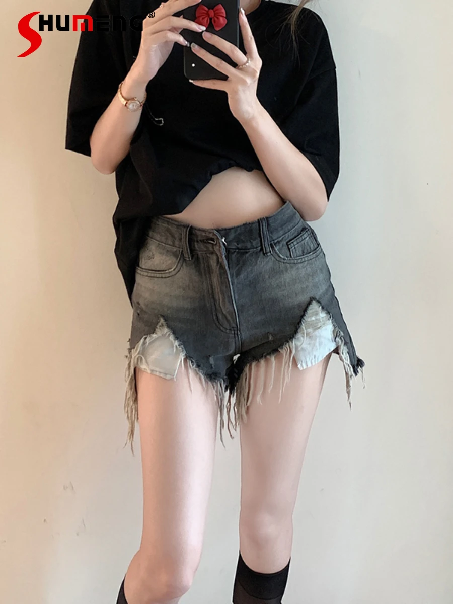 

Women's Summer Washed Ripped Raw Hem Short Jeans Sexy Slimming Hip Wrapped Thin High Waisted Denim Hot Pants A- Line Jean Shorts