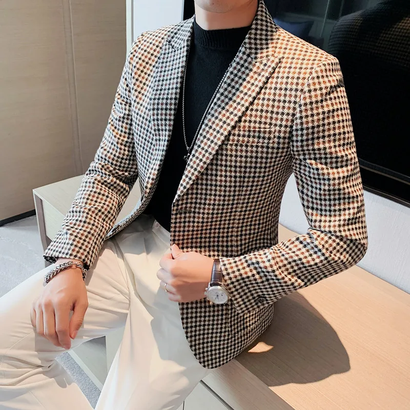 

British Slim Thousand-bird Lattice Blazers Men 2023 Fashion Business Office Wedding Dress Suit Jacket High-quality Male Blazers