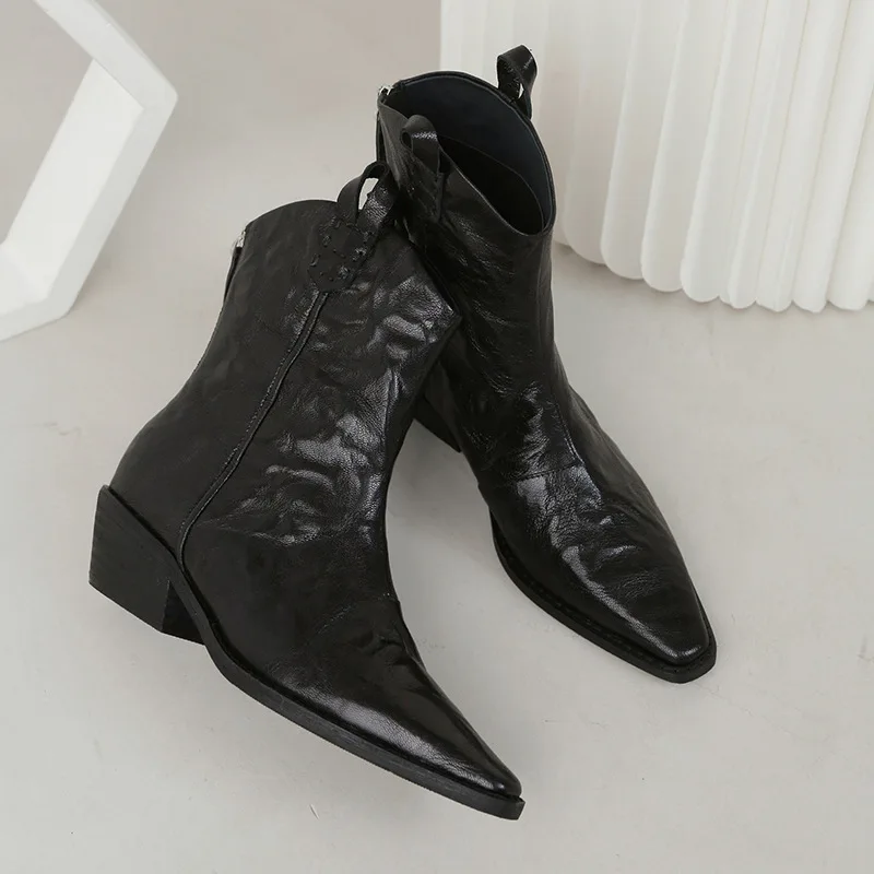 

Винтажные коричневые ковбойские ботинки в западном стиле для женщин, ботильоны из искусственной кожи на среднем блочном каблуке, женские рыцарские ботинки без каблука, Осень-зима 2024