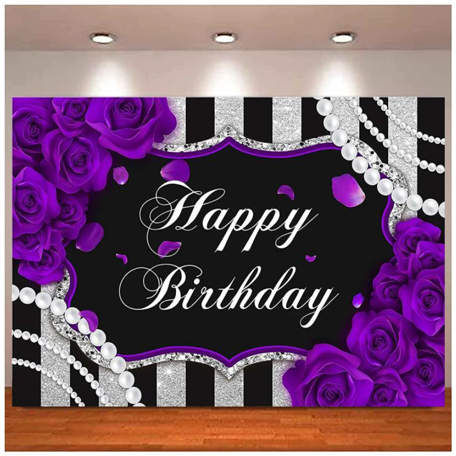 

Фон для фотосъемки с изображением фиолетовой розы для девочек и женщин, декор с цветами, жемчужинами, черными и серебряными полосками, баннер на день рождения
