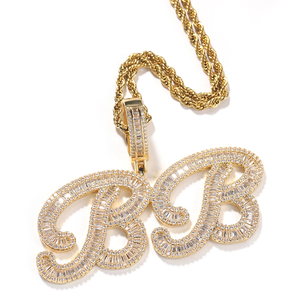 

TopBling Custom Cursive Capital Letter Name Pendant Iced Out Bageutte Cubic Zirconia Chain Necklace Hiphop Jewelry