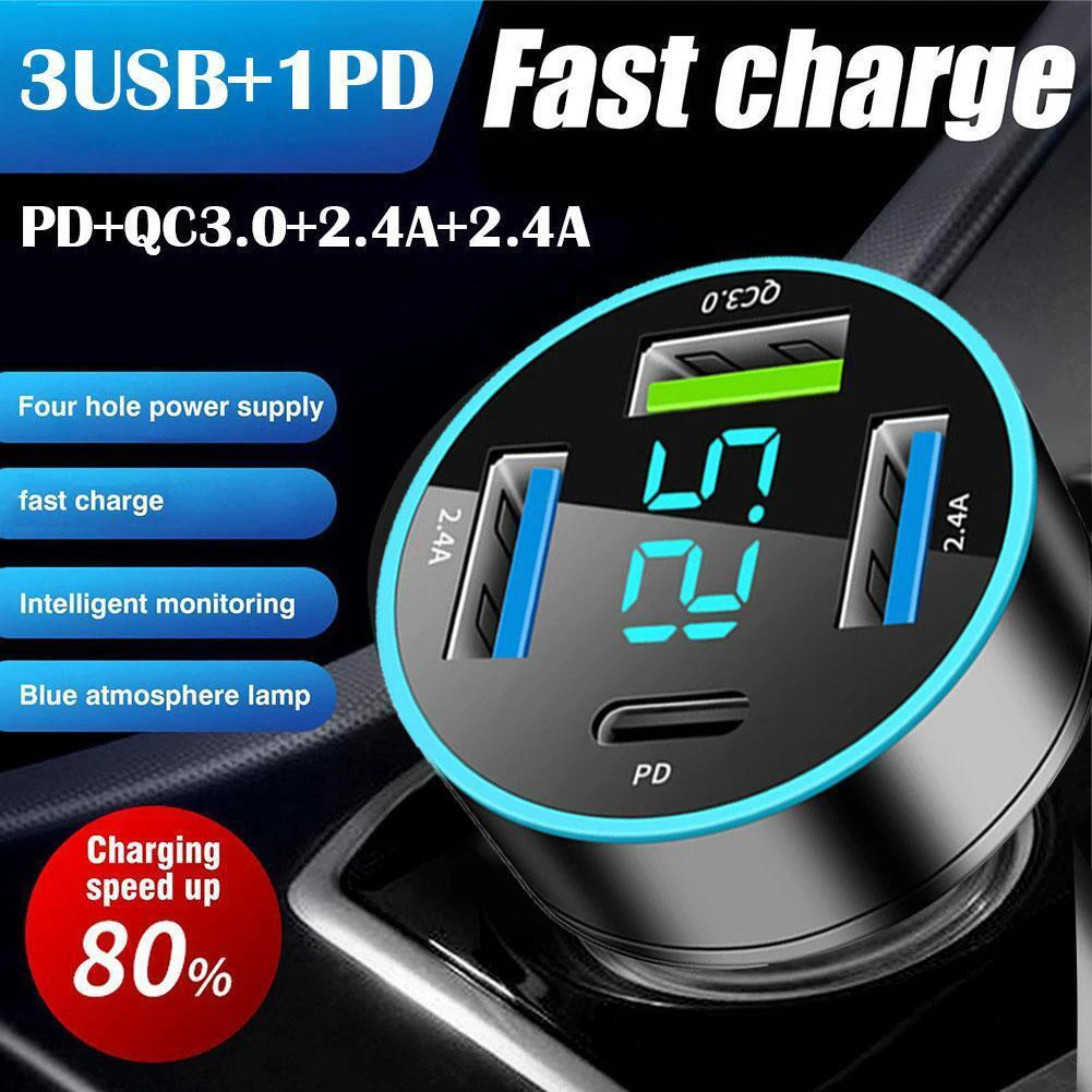 

66W 4Ports USB Car Charger Fast Charging PD Quick Charge USB C Car Phone 12-24V For IPhone Xiaomi For Samsung Huawei Adapter