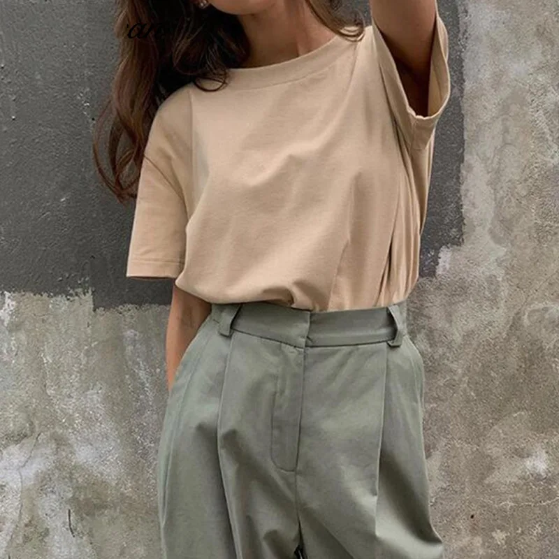 European and American women's top Khaki white combed cotton round neck solid large T-shirt
European and American women's top Khaki white combed cotton round neck solid large T-shirt