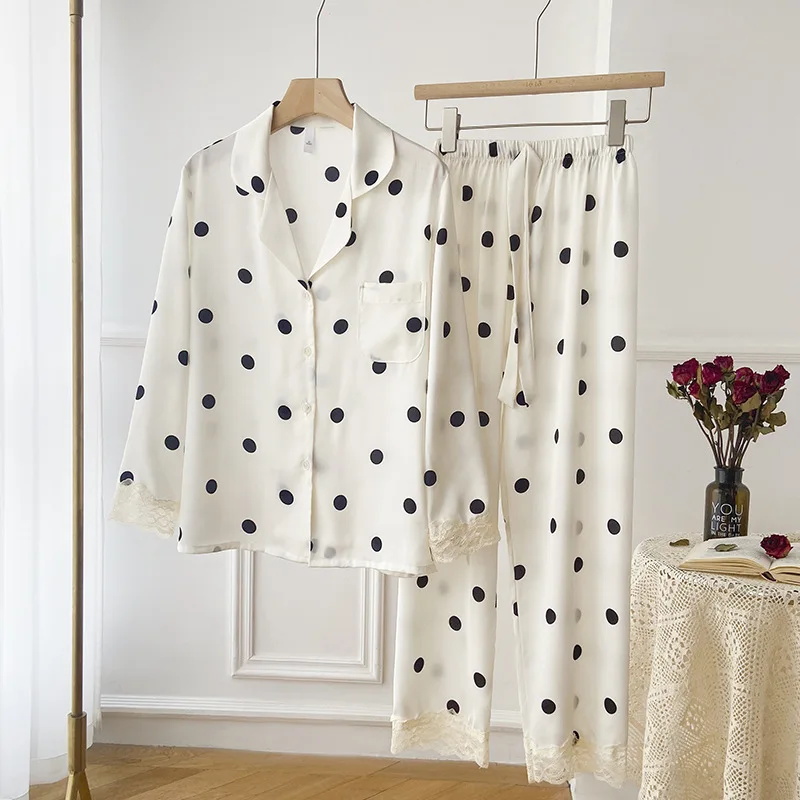

Шелковые пижамы весна-осень женские брюки с длинным рукавом тонкая одежда для сна из ледяного шелка женская одежда с принтом